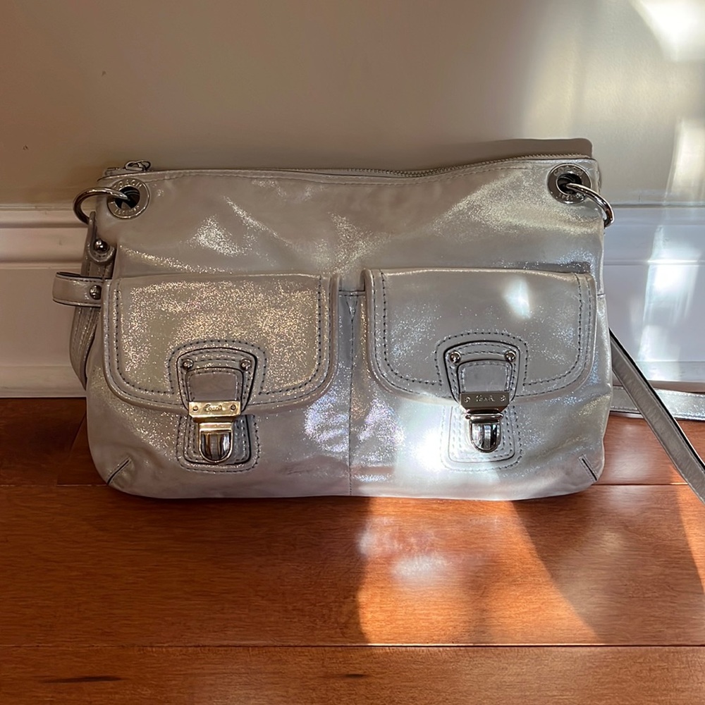 Shimmery Light Gray Crossbody Bag with Front Pockets